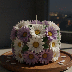 White & Purple Daisy Flower Candle – Decorative Floral Scented Candle for Home Decor & Gifts